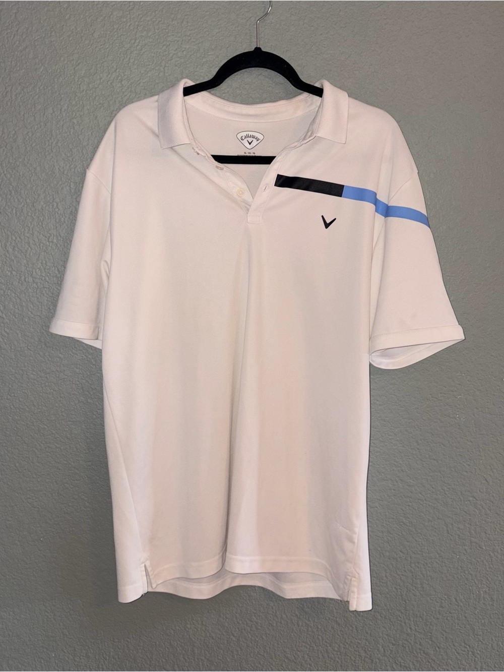 Callaway White Polo with Black and Light Blue Shoulder Stripe